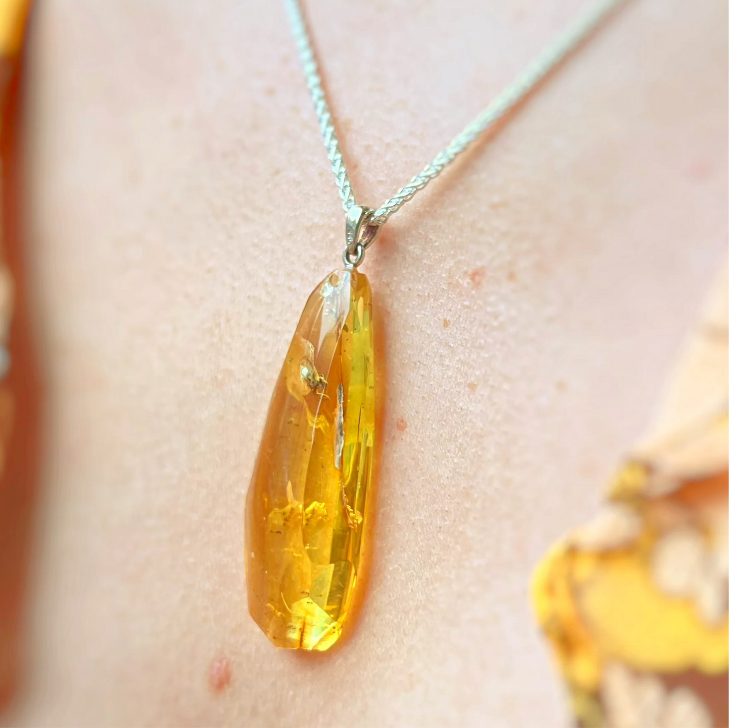 Rare Sterling Silver Fossilised Prehistoric ‘Ghost Fly’ Orange Amber Pendant