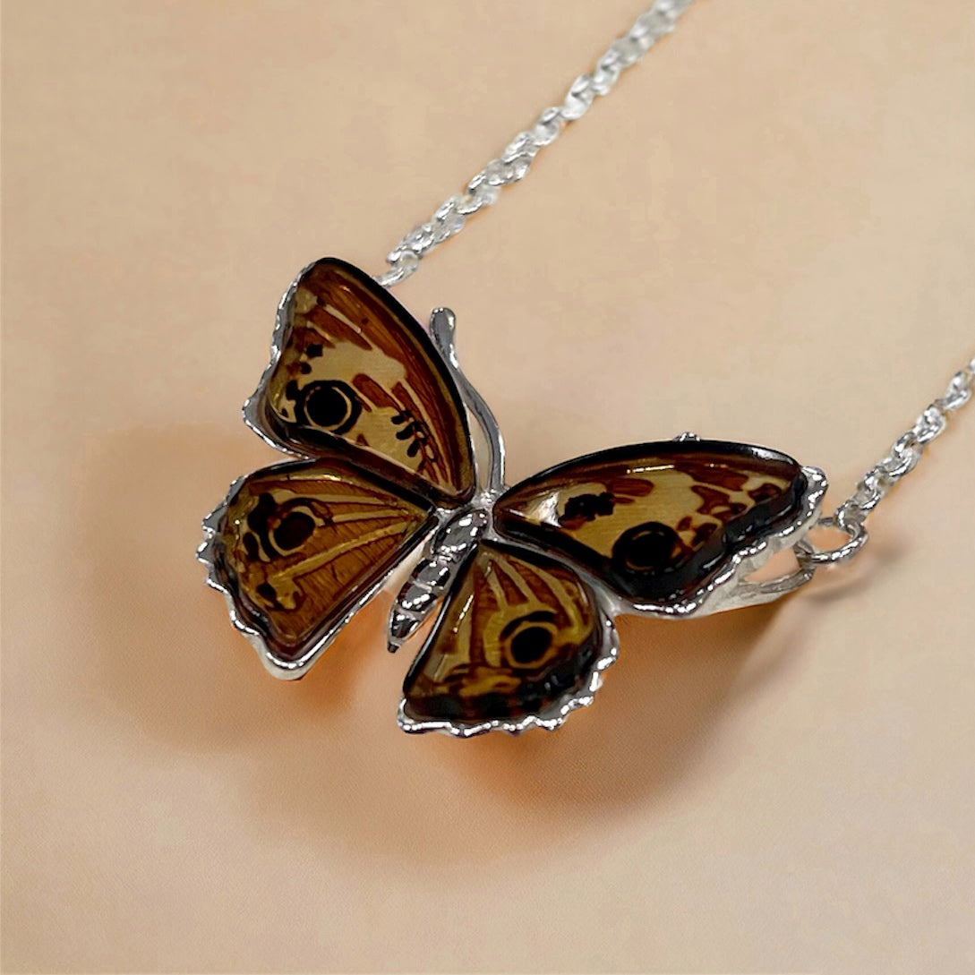 Sterling Silver Amber Peacock Pansy Butterfly Necklace