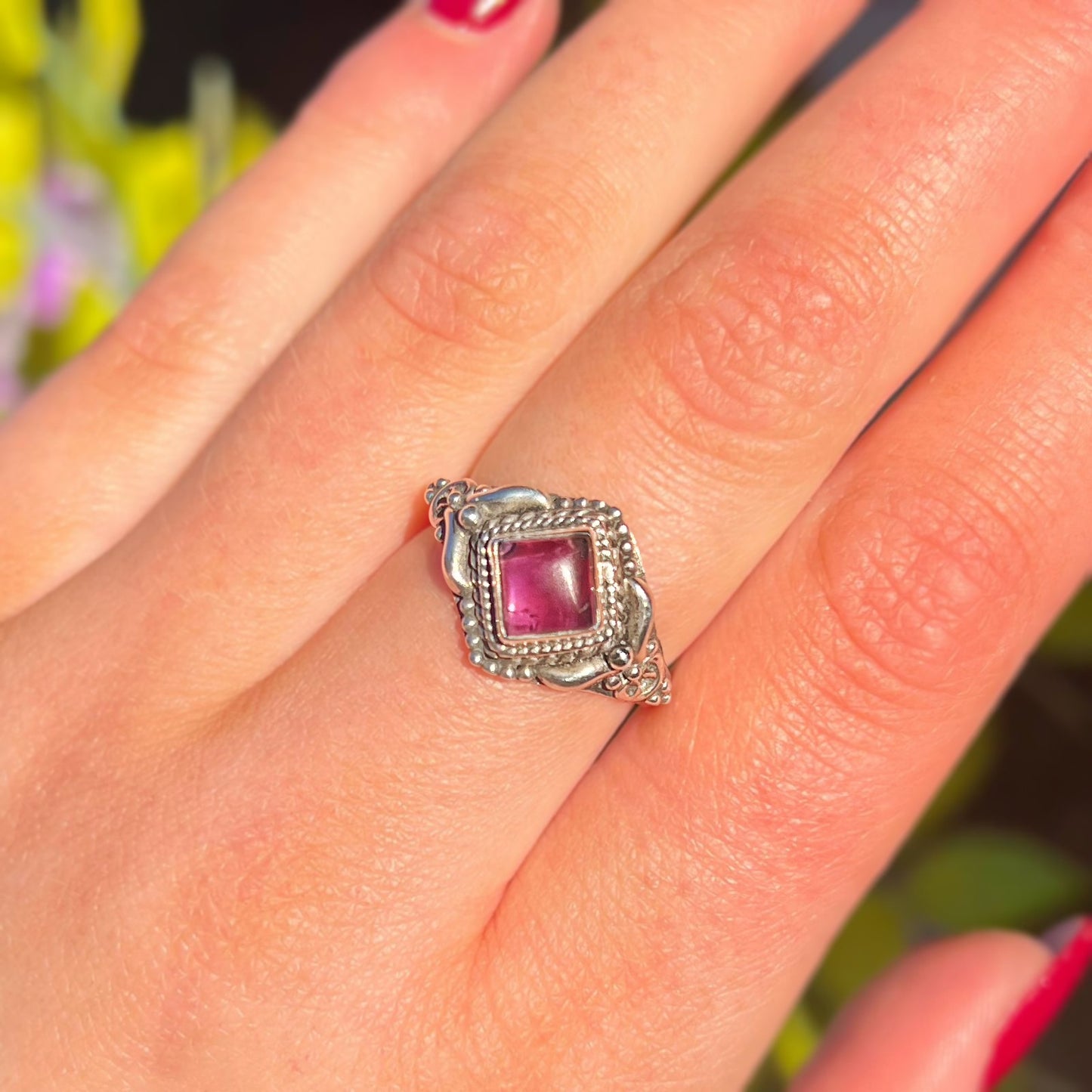 Boho Inspired Dainty Cabochon Amethyst Ring - Size N