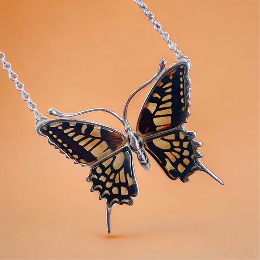 Large Sterling Silver Amber Blue Morpho Butterfly Necklace