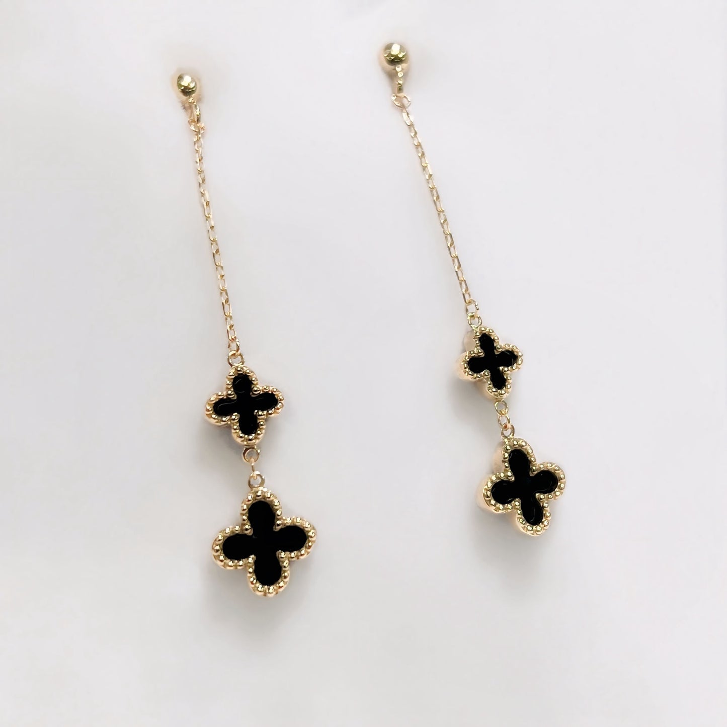 Designer Inspired 9ct Yellow Gold Onyx Clover Shaped Chain Drop Earrings