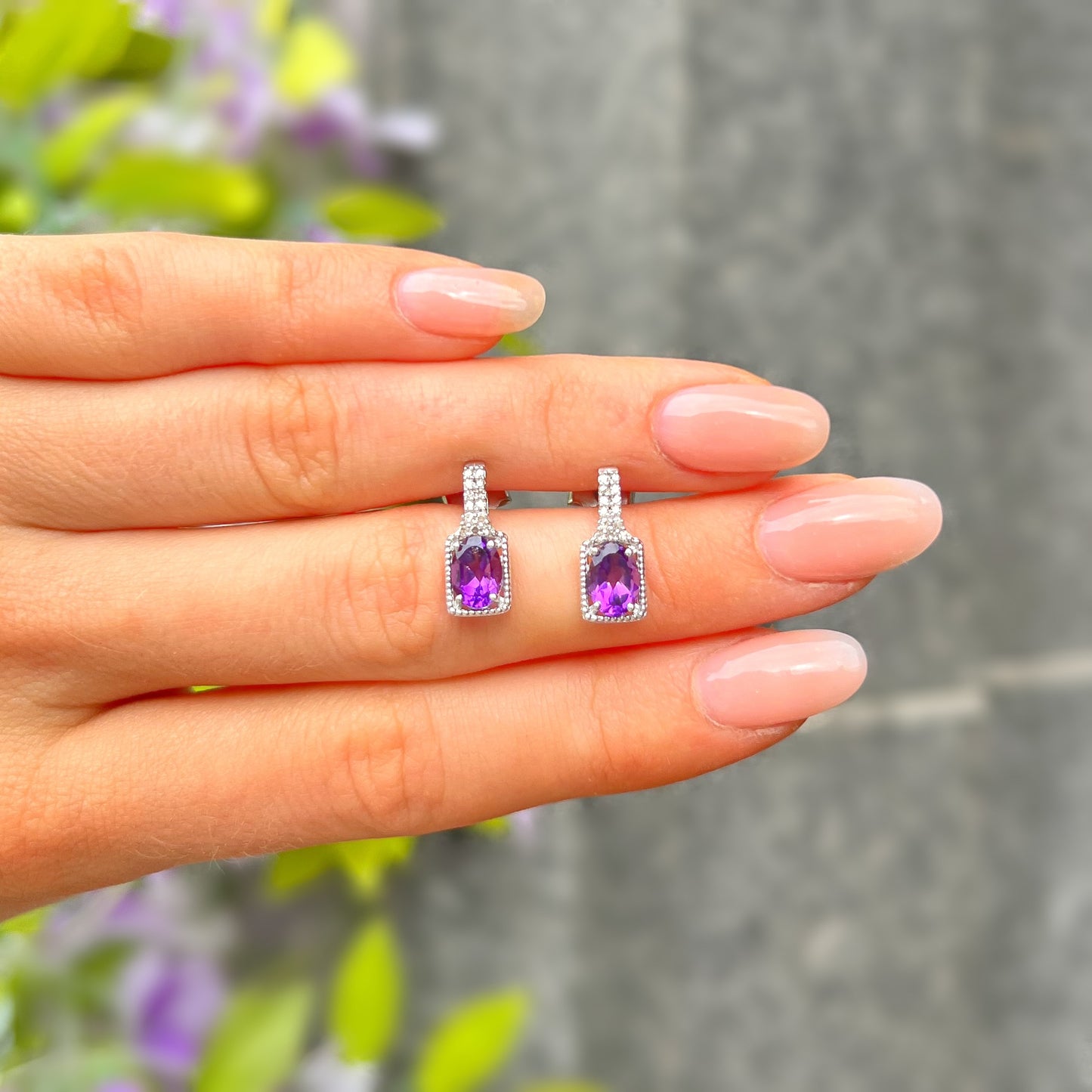 9ct White Gold Purple Amethyst & Diamond Stud Earrings