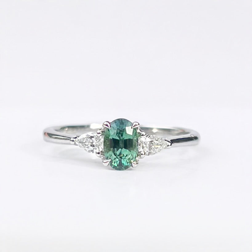 Classic Platinum Green Sapphire and Diamond Trilogy Ring - Size M 1/2