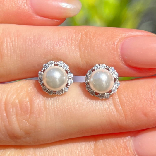 Pearl & Cubic Zirconia Halo Sterling Silver Stud Earrings