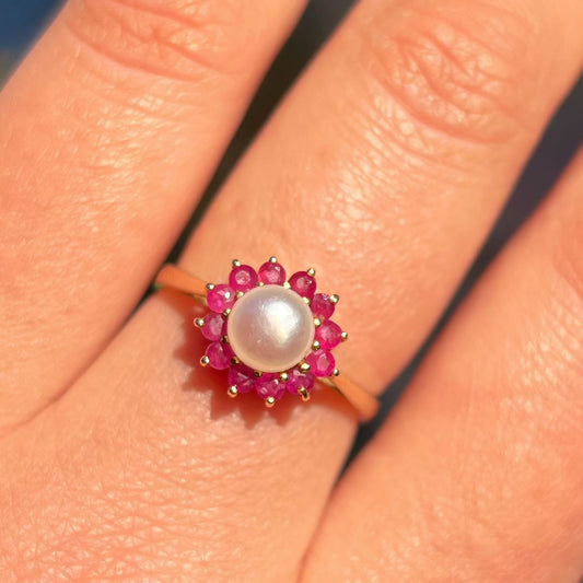 RARE Vintage 14K Gold Ruby and Pearl Cluster Ring - Size O ½