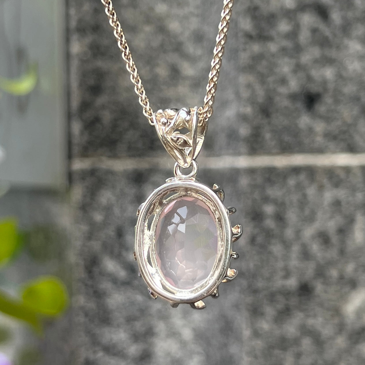 Sterling Silver Pink Rose Quartz Leaf Design Necklace