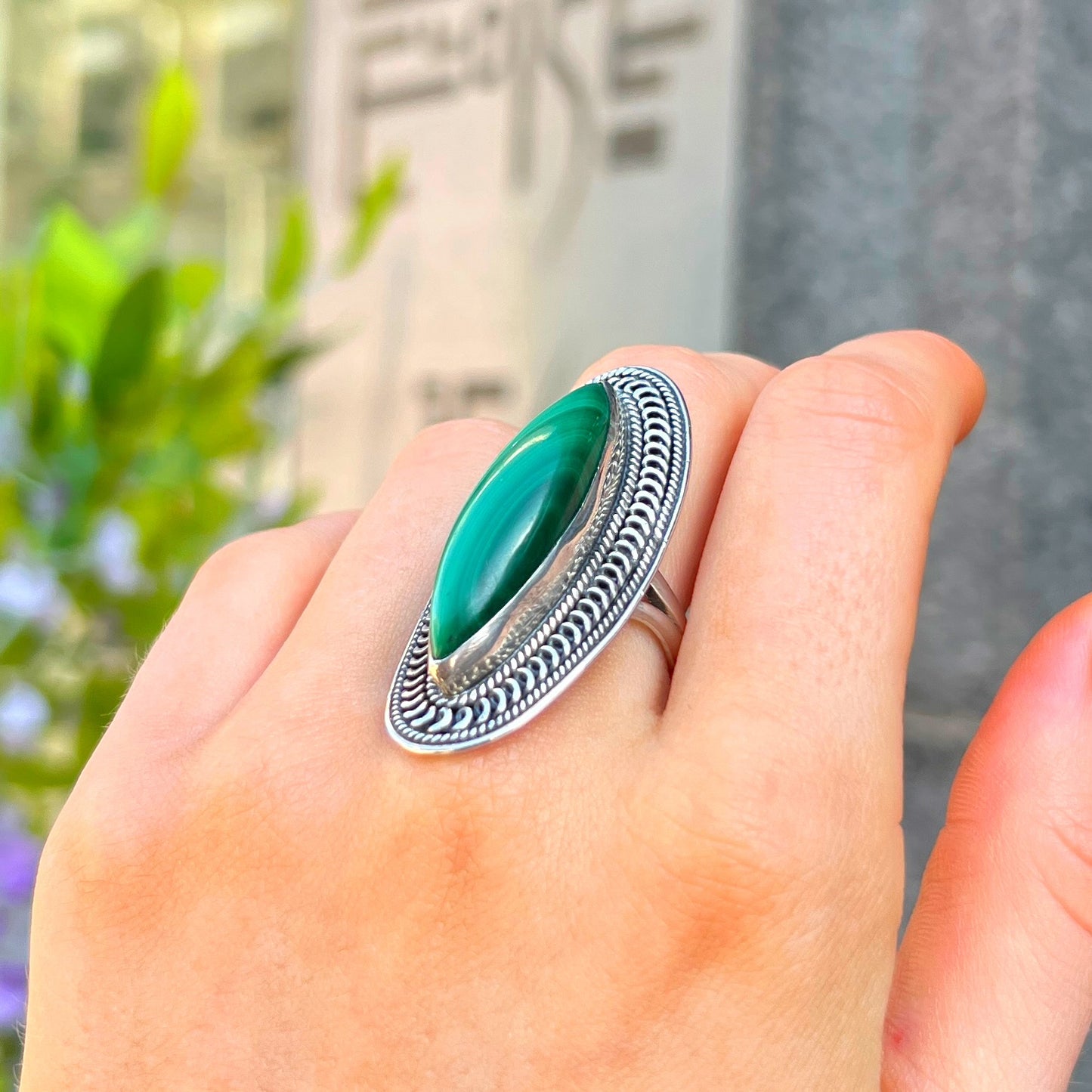 XL Chunky Boho Inspired Green Malachite Ring - Size R
