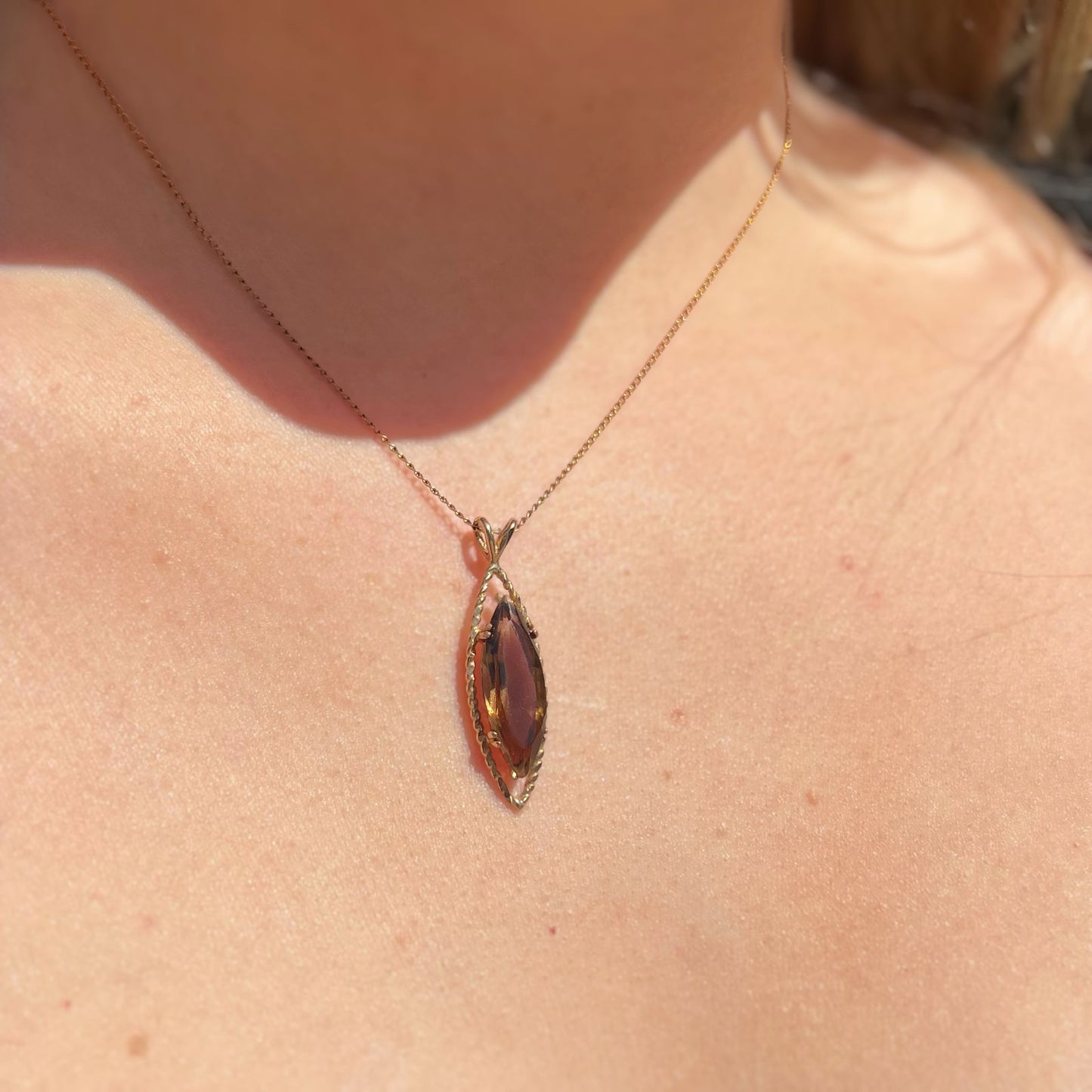 Vintage 9ct Yellow Gold Smoky Topaz Navette Shaped Necklace
