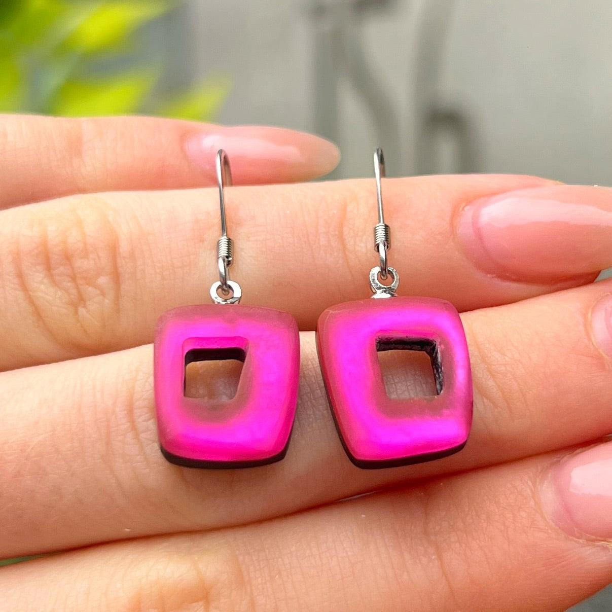 ‘Watch This Space’ Pink Square Drop Earrings