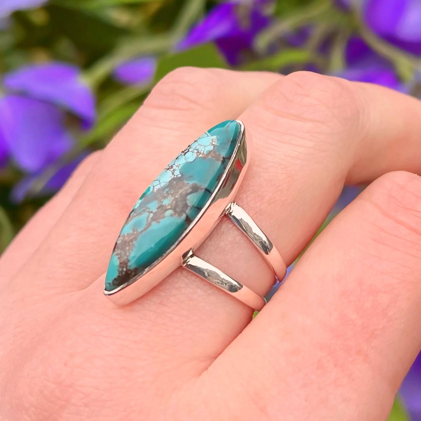 Sterling Silver Marquise Turquoise Ring - Size R