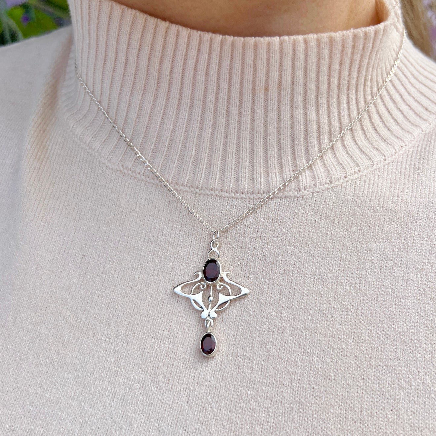 Sterling Silver Garnet Art Nouveau Inspired Necklace