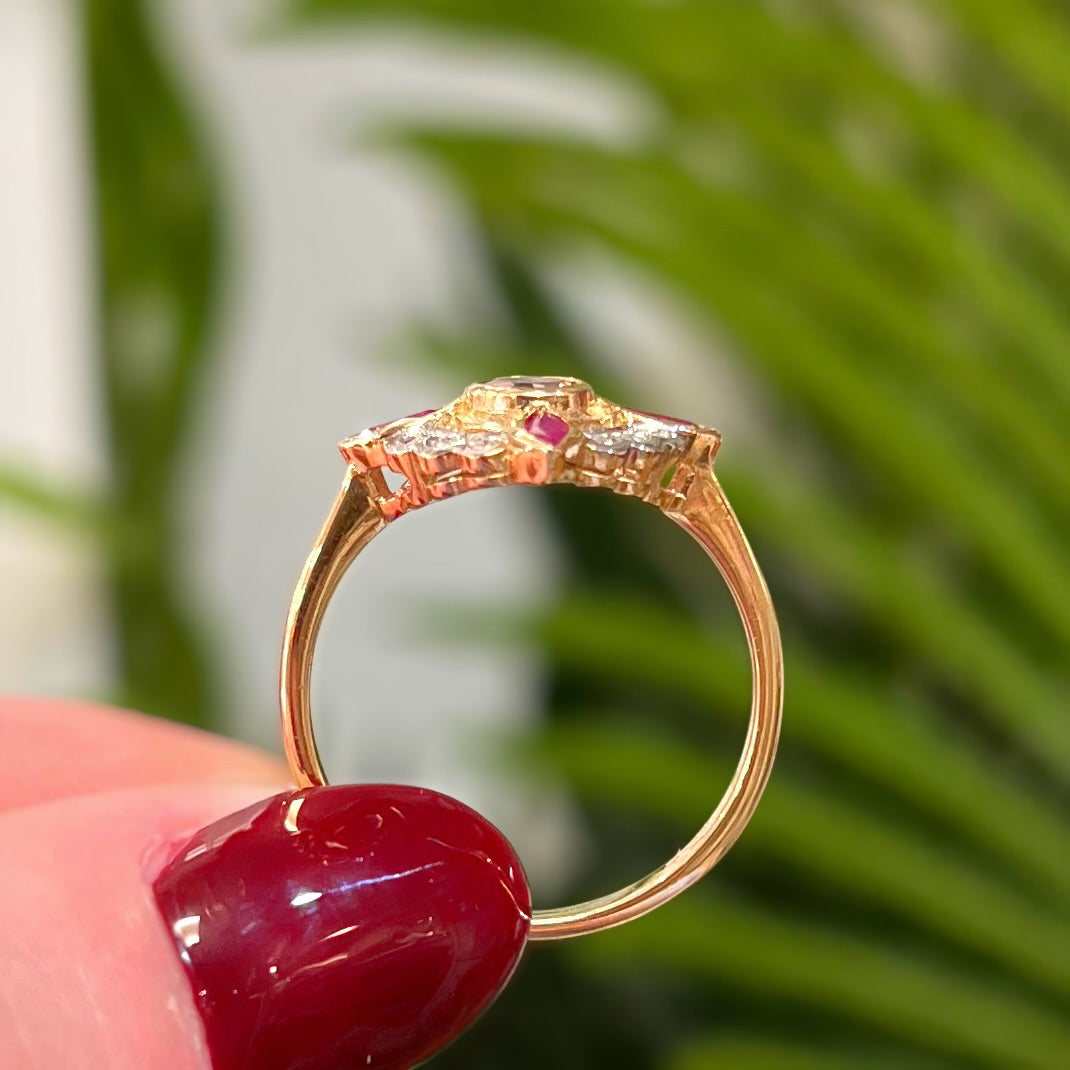 The Sweetheart Ring - Edwardian Inspired 9ct Yellow Gold Pink Tourmaline Ruby And Diamond Ring - Size O