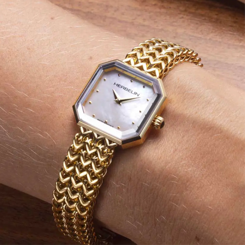 Herbelin Octogône Ladies Steel Gold Watch with Mother of Pearl White Dial