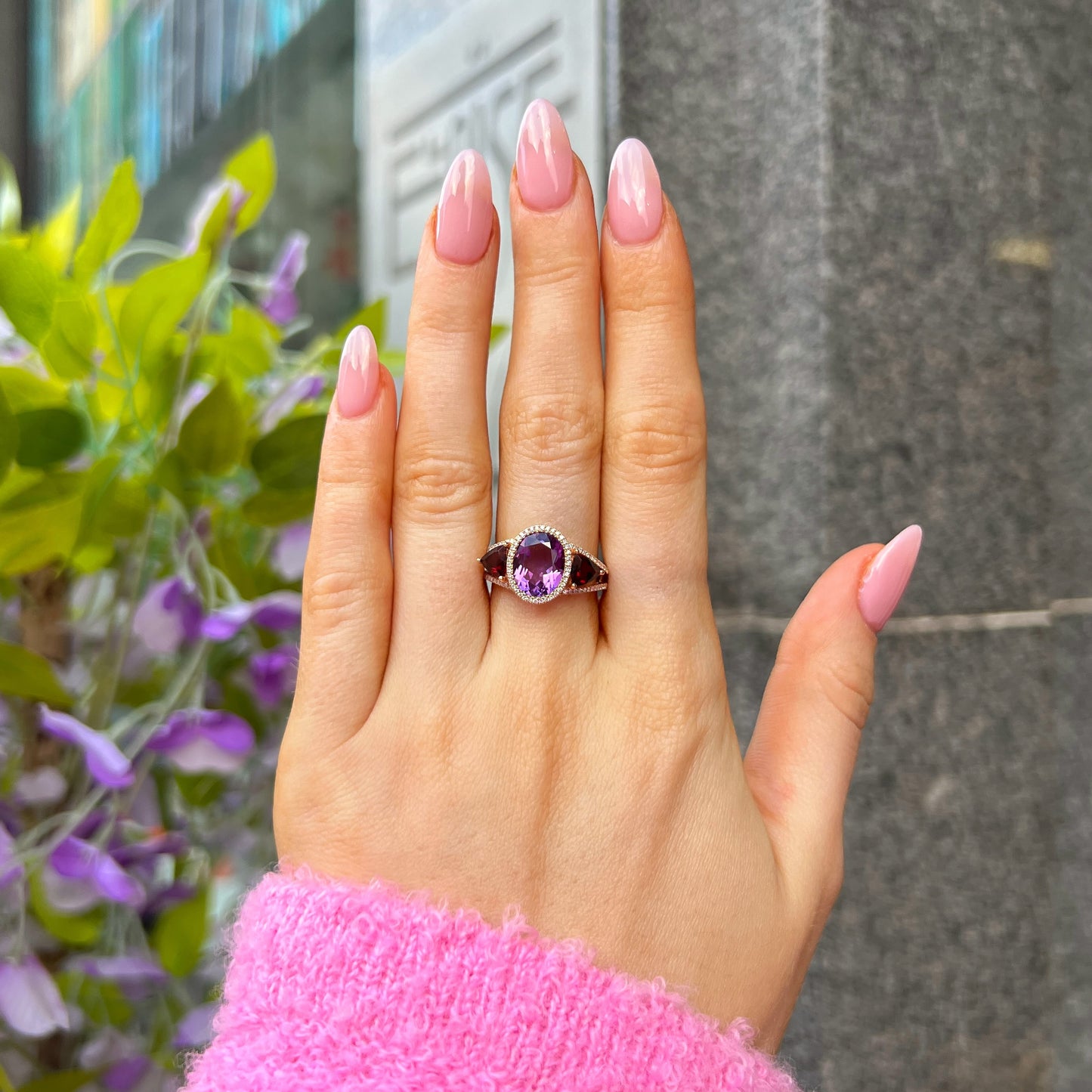 18ct Rose Gold Purple Amethyst, Red Garnet and Diamond Ring - Size M