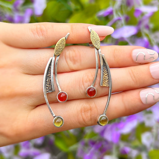 Unique Rustic Sterling Silver Peridot & Carnelian Drop Earrings