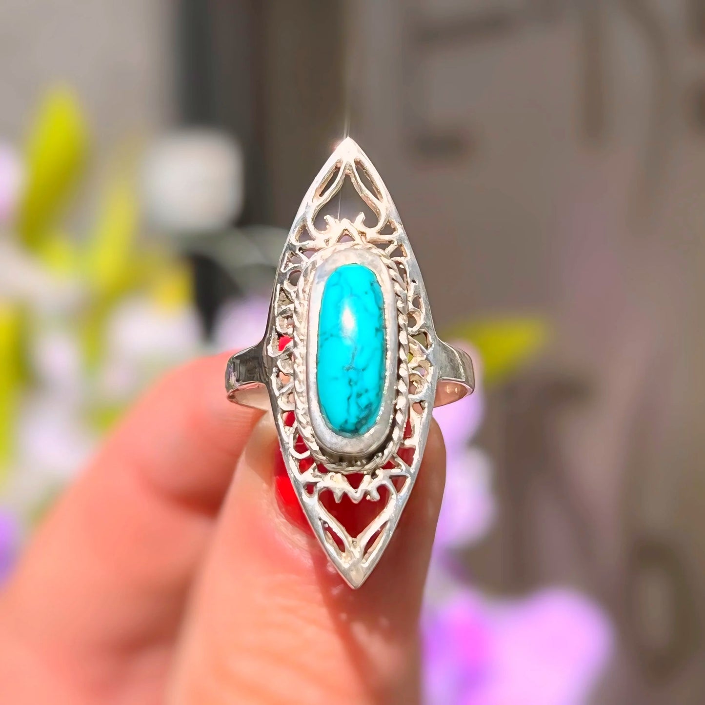 Elongated Sterling Silver Turquoise Filigree Ring - Size M ½