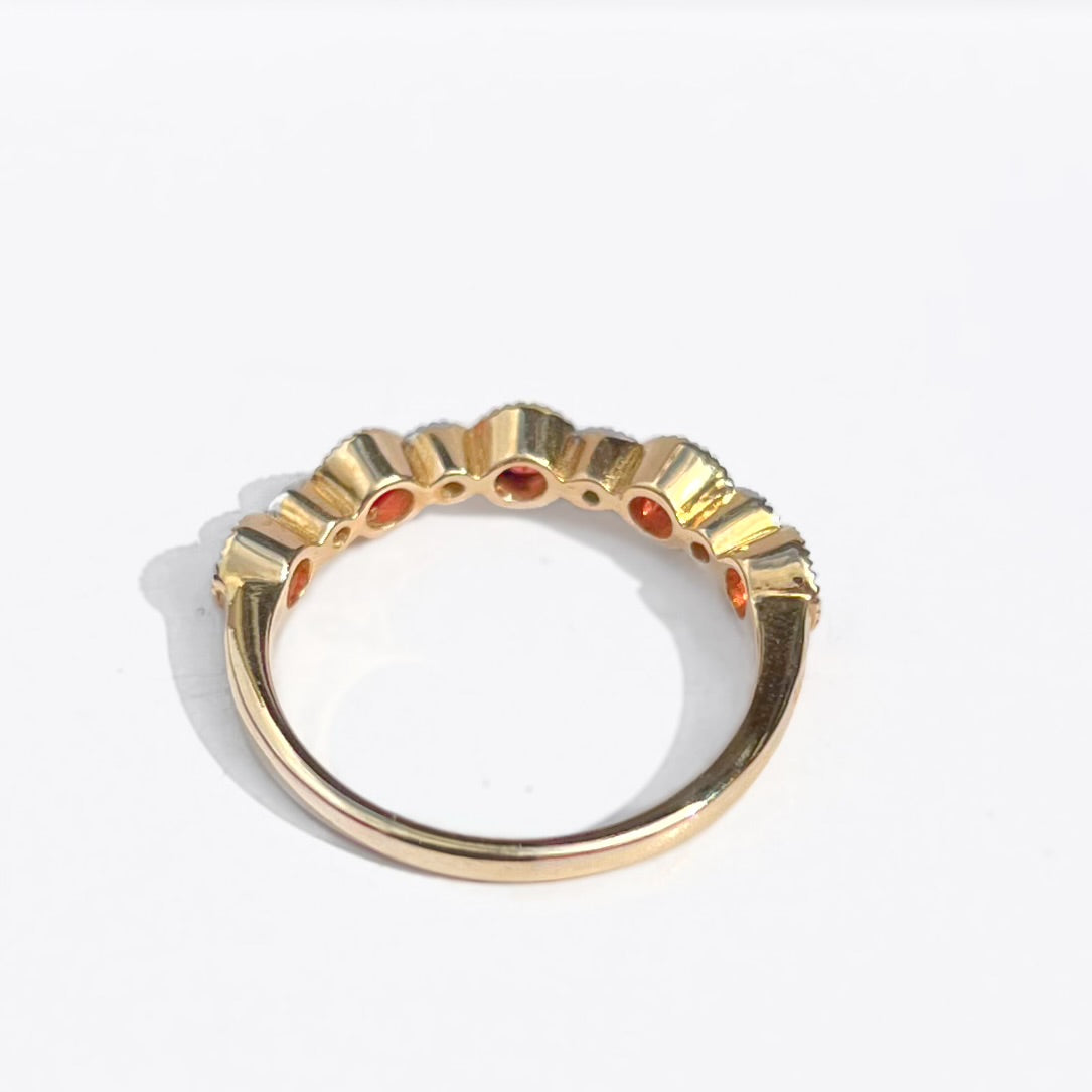 RARE 9ct Yellow Gold Orange Sapphire and Diamond Half Eternity Ring - Size O