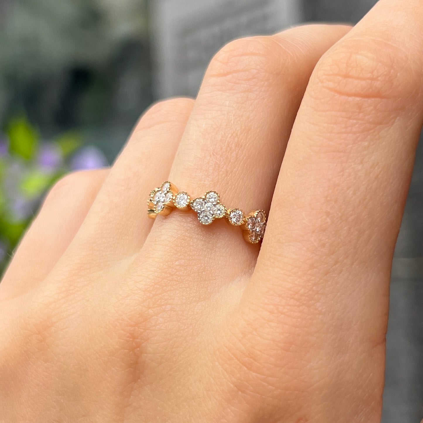 18ct Yellow Gold Clover Design Half Eternity Diamond Ring - Size M