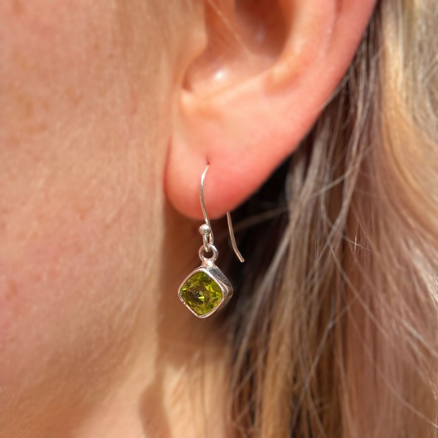 Sterling SIlver Cushion Cut Peridot Drop Earrings