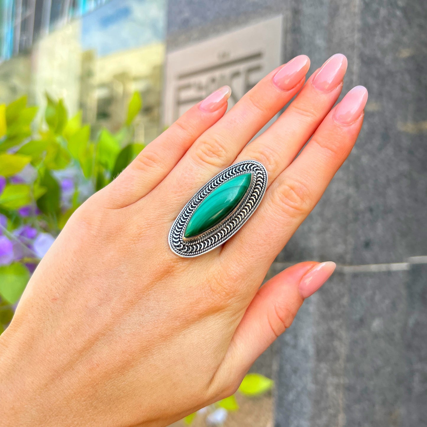 XL Chunky Boho Inspired Green Malachite Ring - Size R