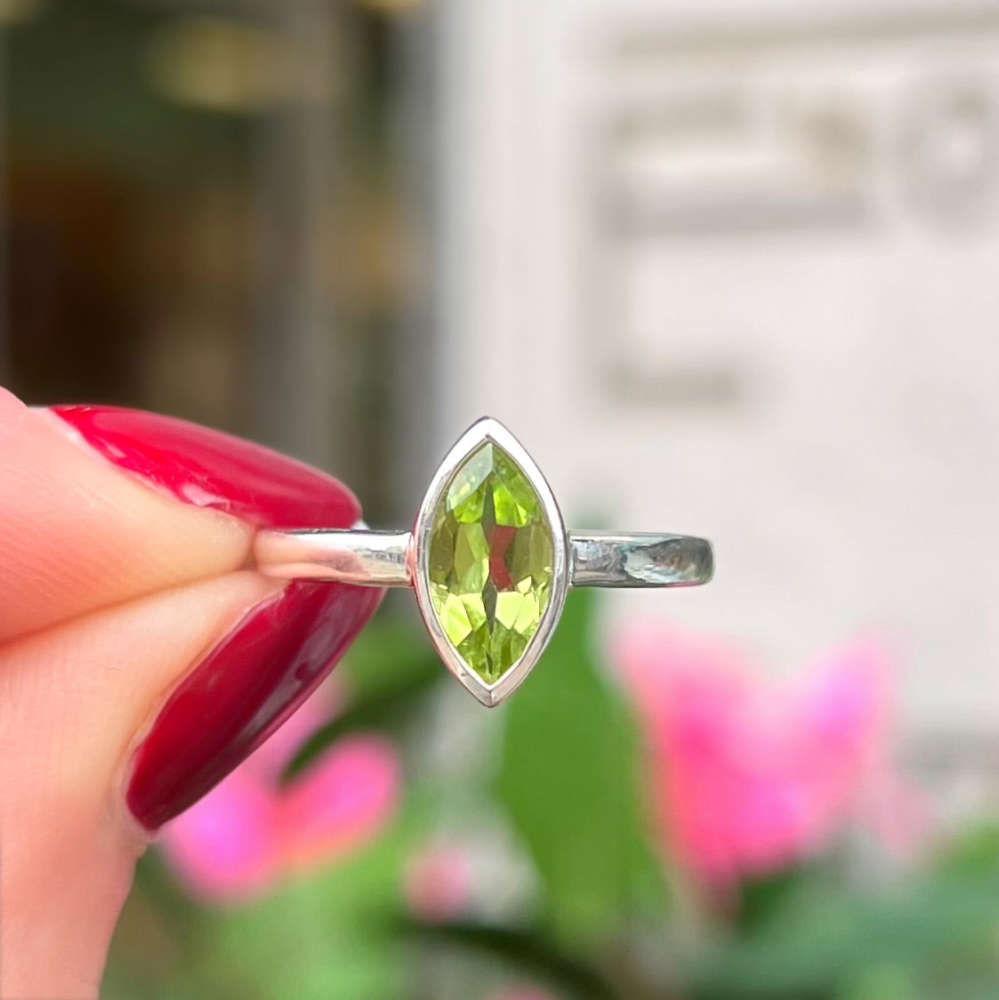 Minimalist Sterling Silver Bezel Set Marquise Peridot Solitaire Ring