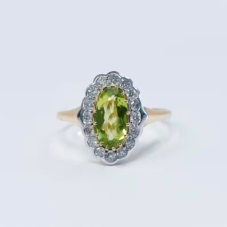 Edwardian Reproduction 9ct Yellow Gold Oval Peridot and Diamond Ring - Size O 1/2
