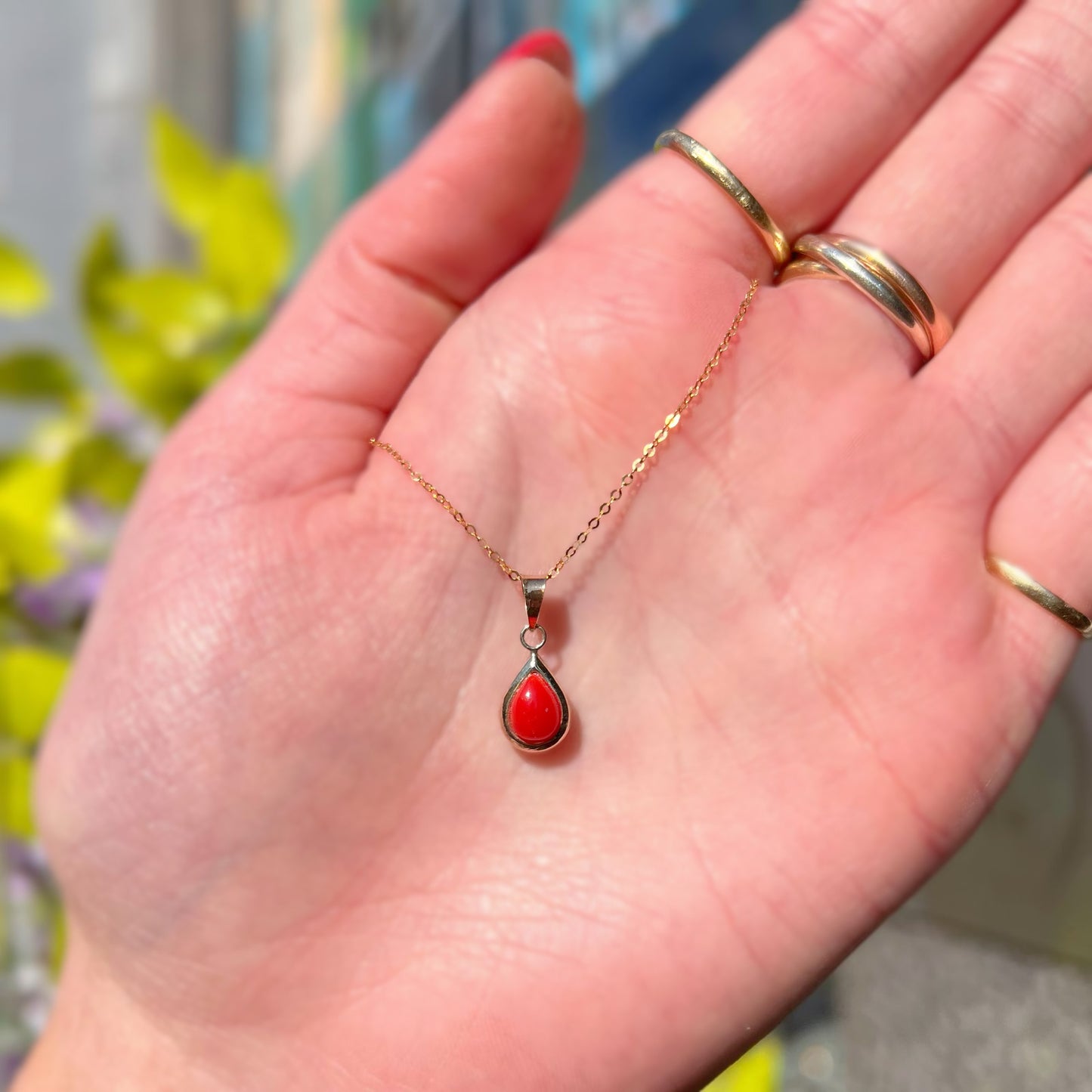 Rare and Timeless 9ct Yellow Gold Dainty Pear Shaped Coral Necklace