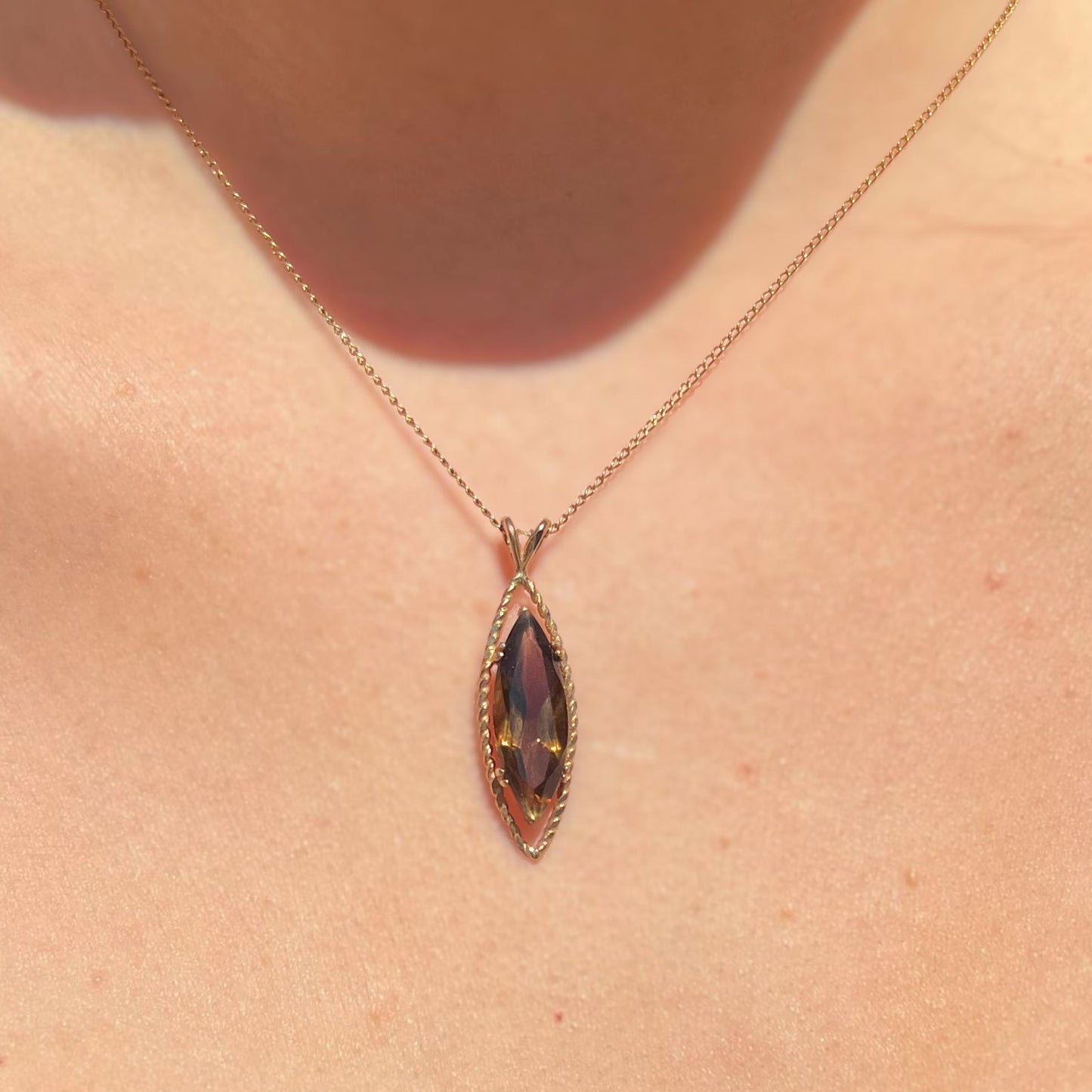 Vintage 9ct Yellow Gold Smoky Topaz Navette Shaped Necklace