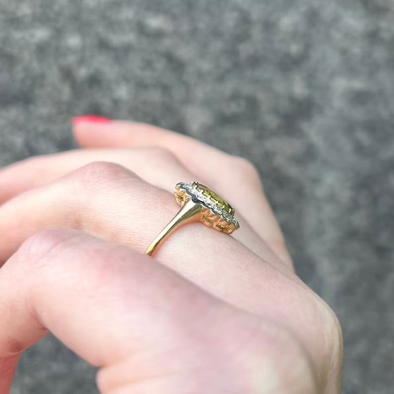 Edwardian Reproduction 9ct Yellow Gold Oval Peridot and Diamond Ring - Size O 1/2