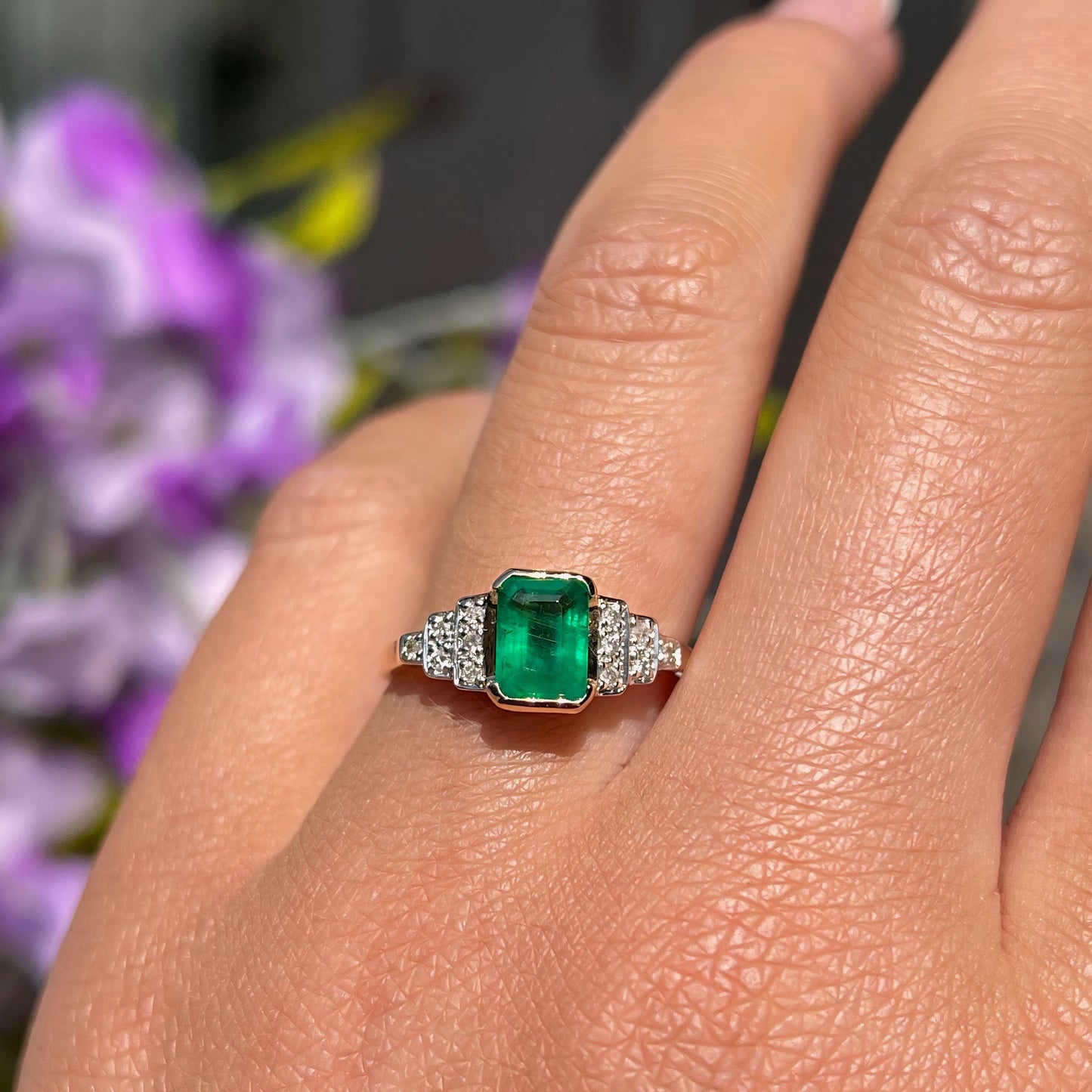 9ct Yellow Gold Art Deco Inspired Emerald and Diamond Ring - Size N ½