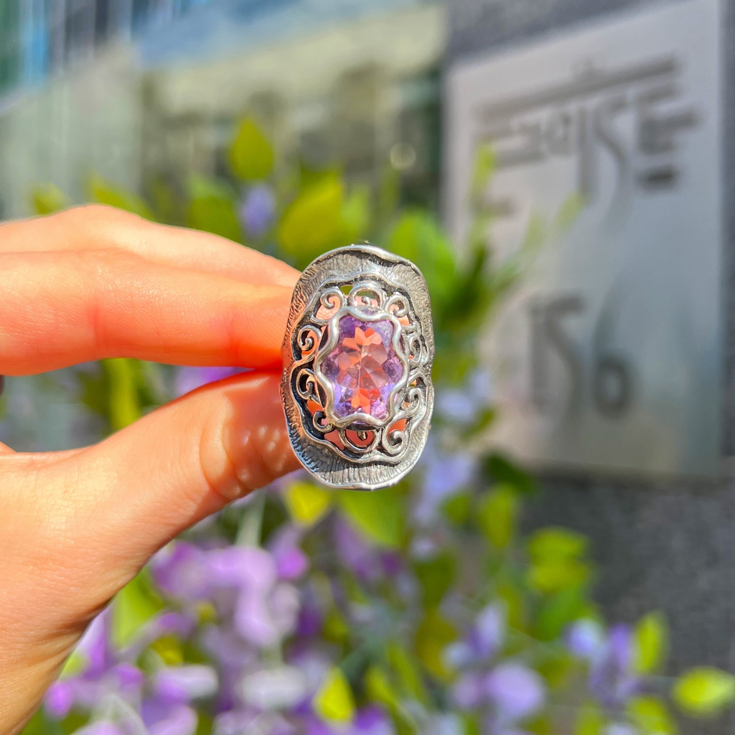 Swirl Sterling Silver Amethyst Ring - Size R