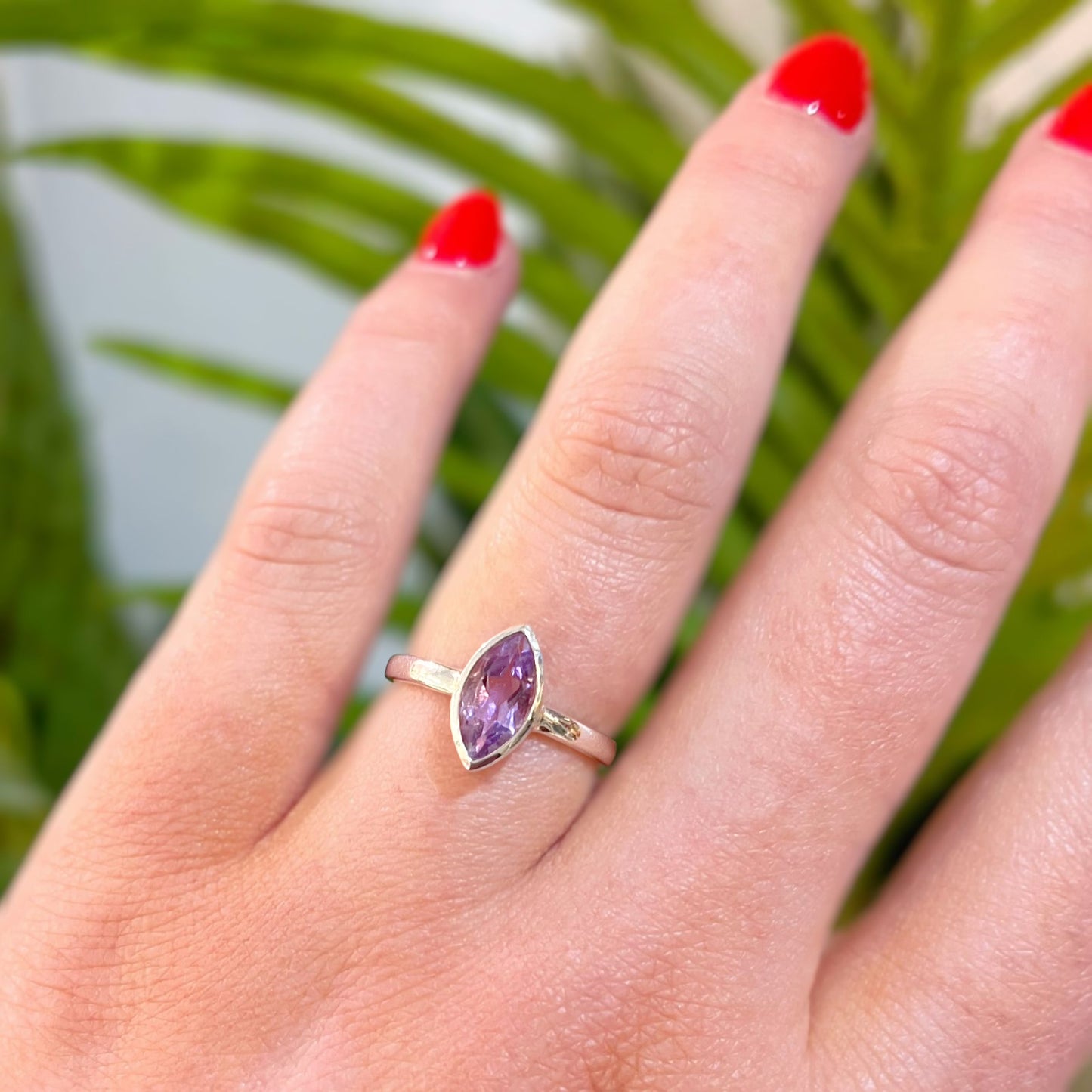 Sterling Silver Marquise Amethyst Solitaire Stacking Ring - Size K ½