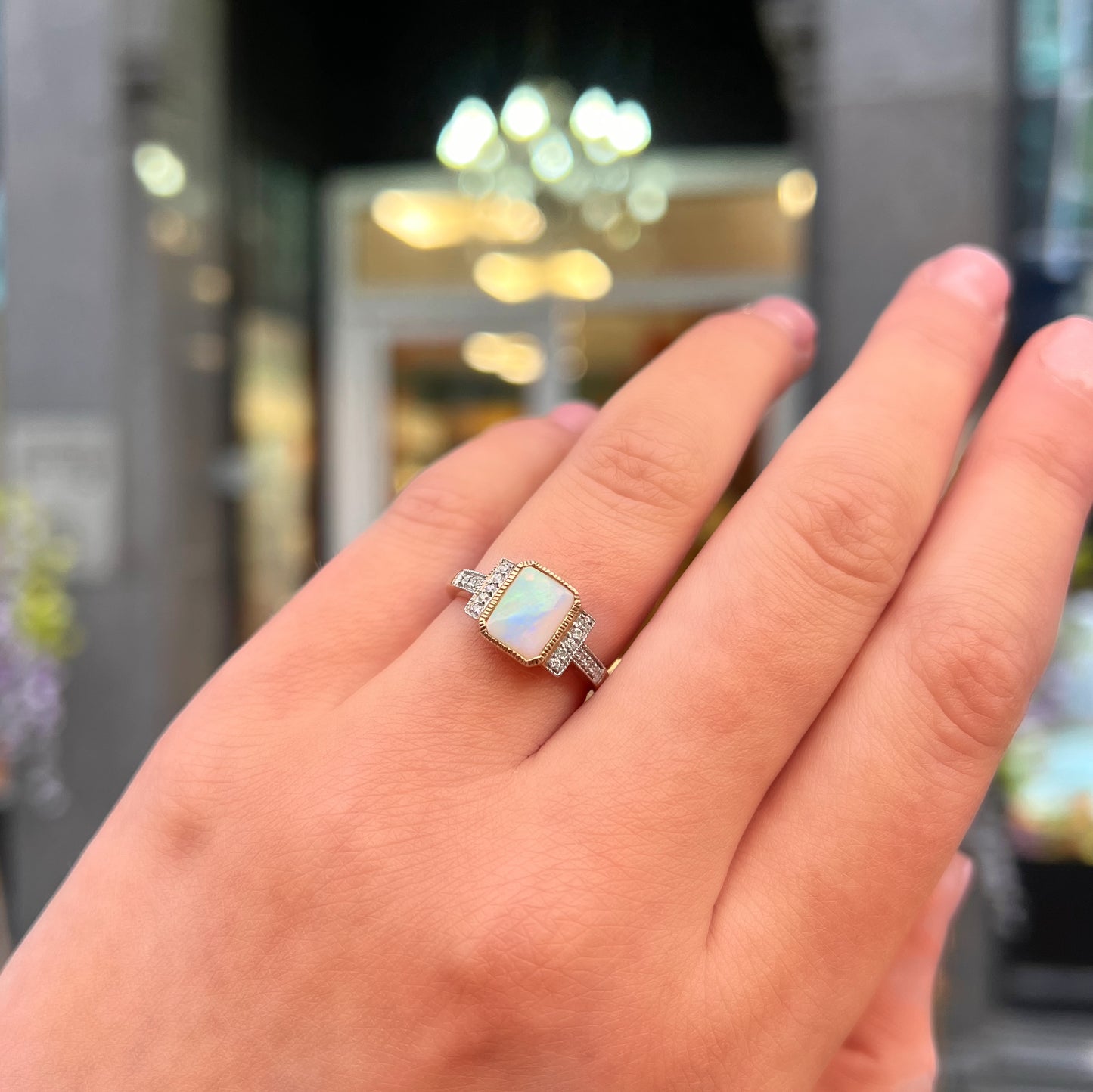 The Opalina Ring - Structured Designer Inspired 9ct Yellow Gold Opal and Diamonds Size K