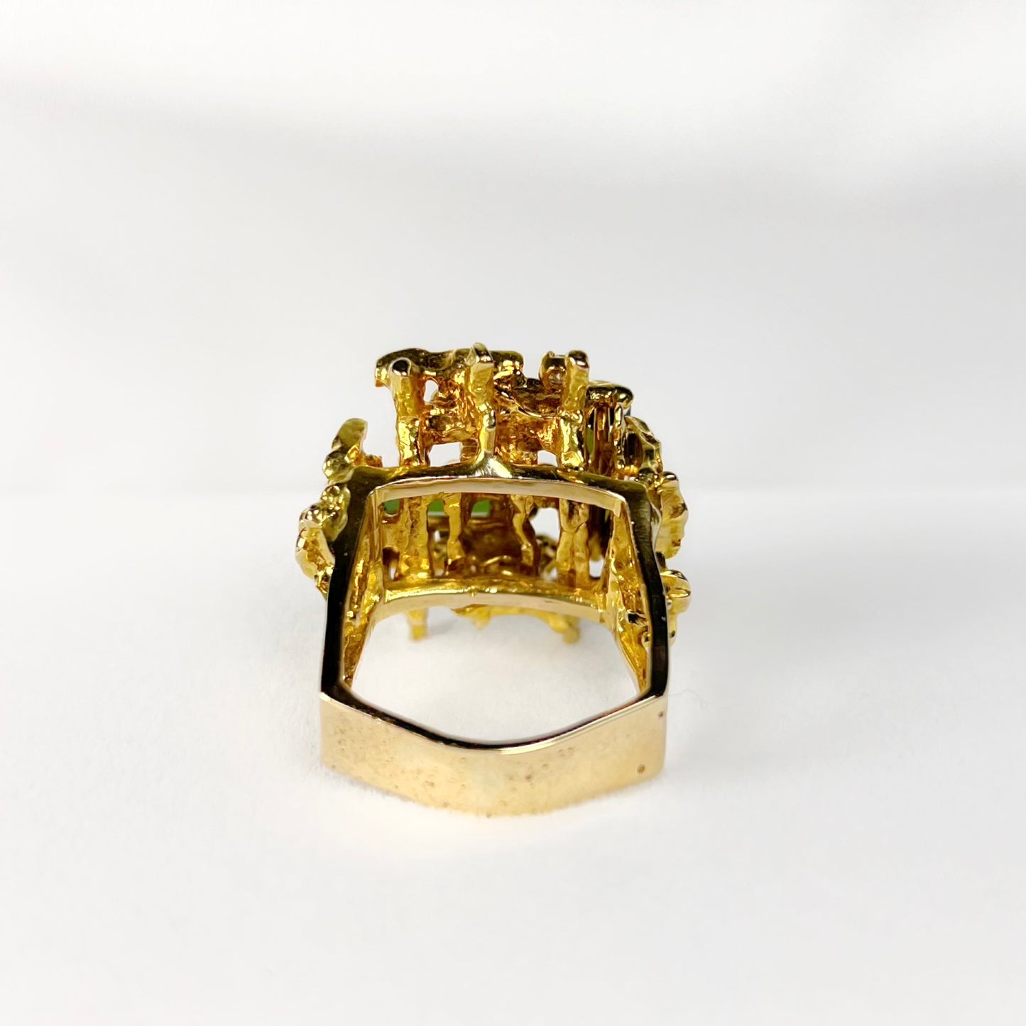 RARE Vintage 1970s Brutalist Style 9ct Yellow Gold Green Tourmaline and Diamond Dress Ring - Size R