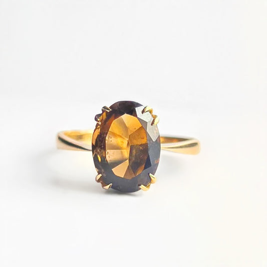 Vintage 9ct Yellow Gold Oval Smoky Topaz Solitaire Stacking Ring - Size N ½