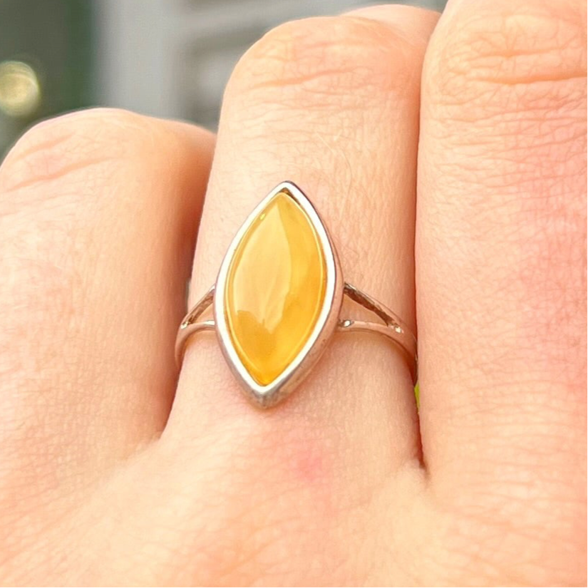 Sterling Silver Yellow Butterscotch Amber Marquise Cut Ring