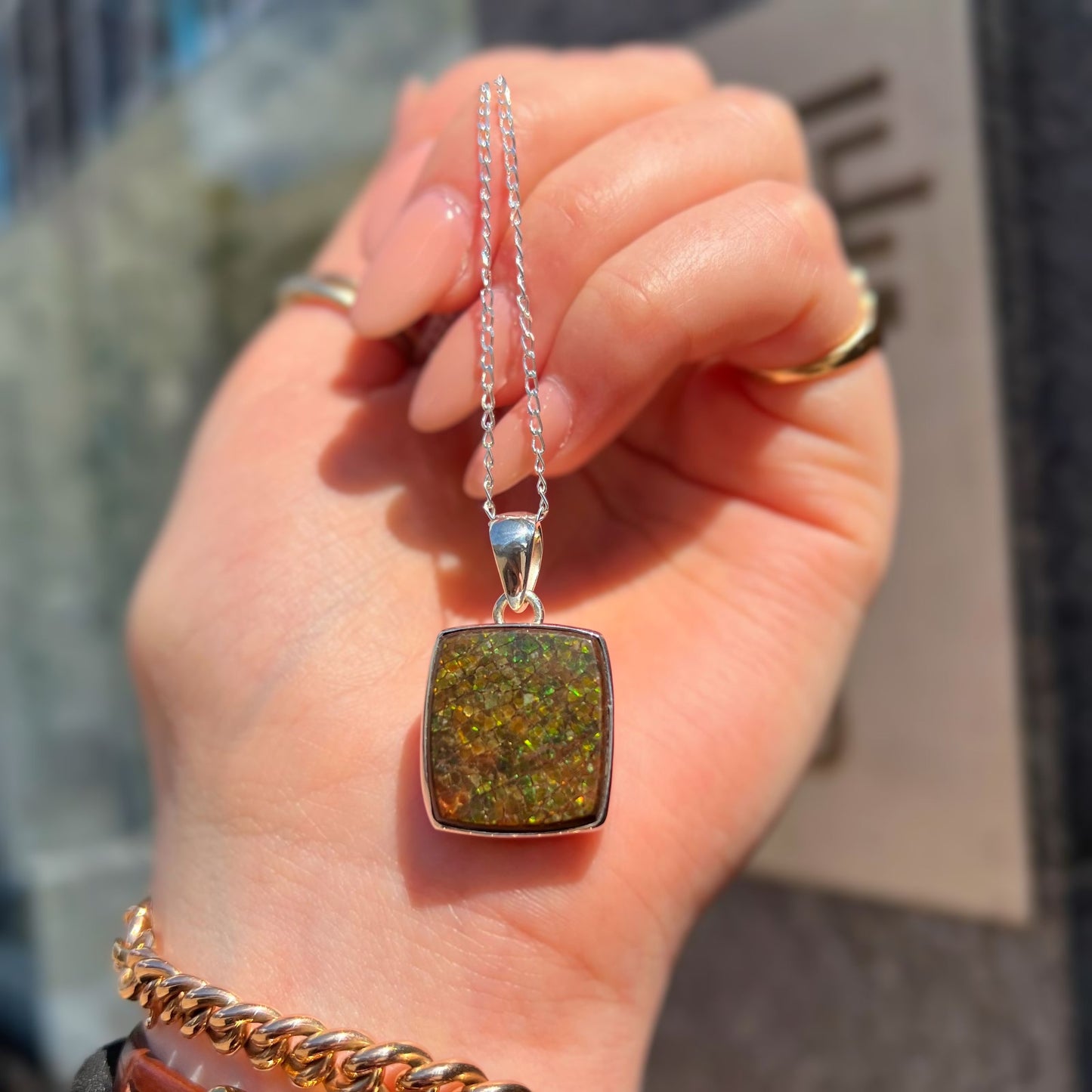 RARE Sterling Silver Fossilied Ammolite Square Shaped Necklace