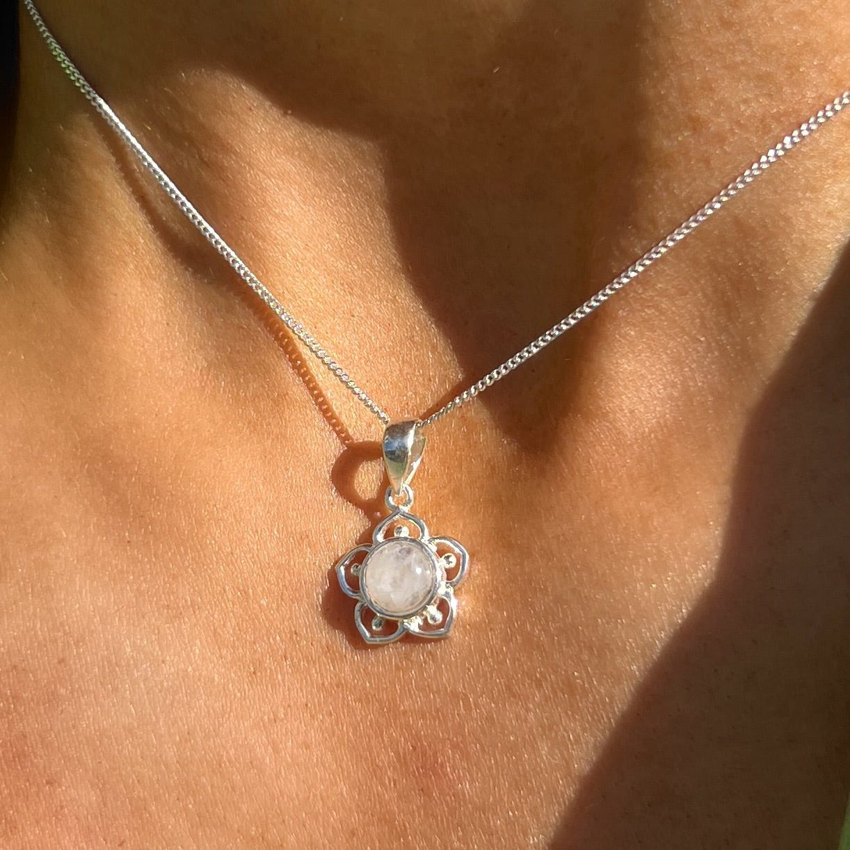 Dainty Flower Sterling Silver Rainbow Moonstone Necklace
