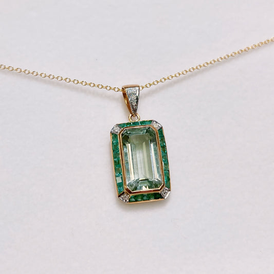 Art Deco Inspired 9ct Yellow Gold Green Amethyst and Emerald Necklace
