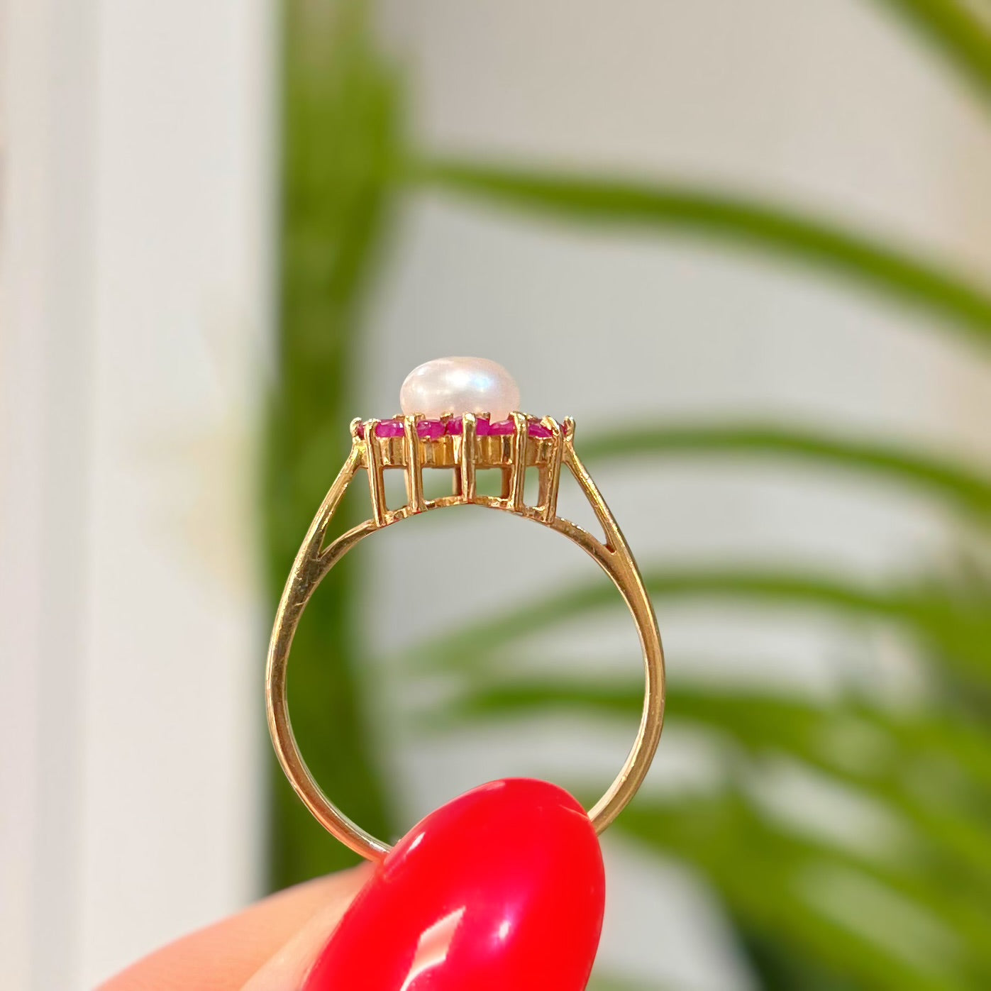 RARE Vintage 14K Gold Ruby and Pearl Cluster Ring - Size O ½