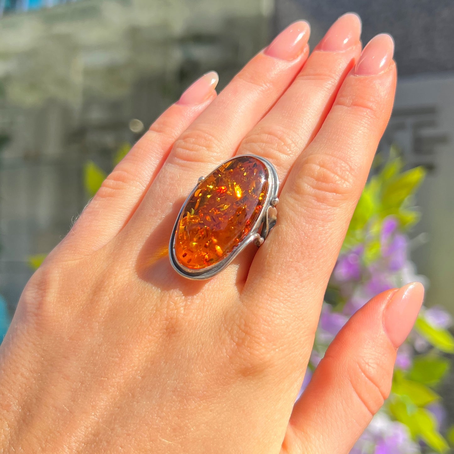 Super Chunky Sterling Silver Orange Amber Ring - Size V