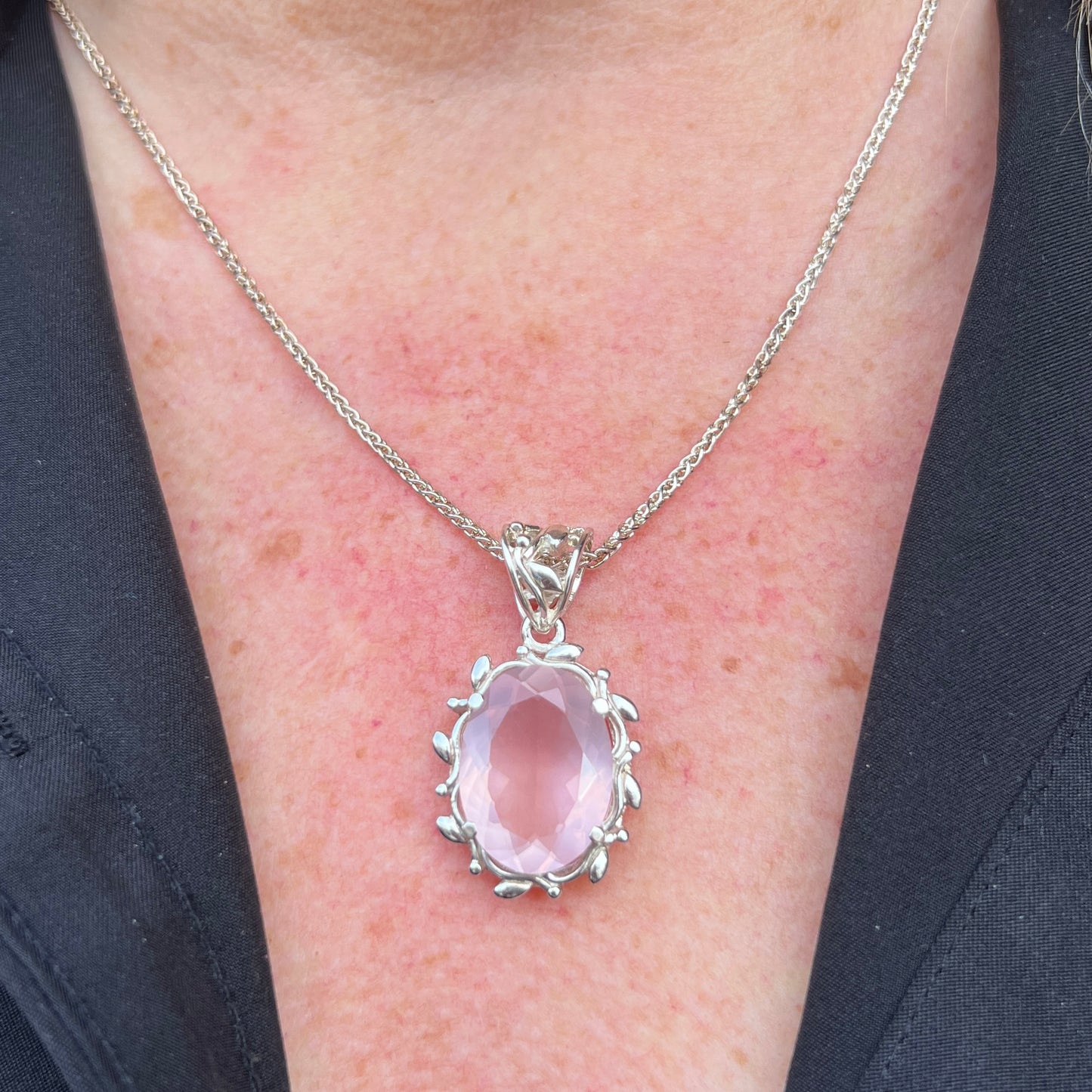Sterling Silver Pink Rose Quartz Leaf Design Necklace