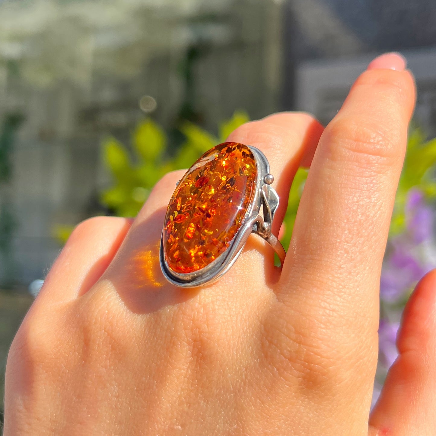 Super Chunky Sterling Silver Orange Amber Ring - Size V