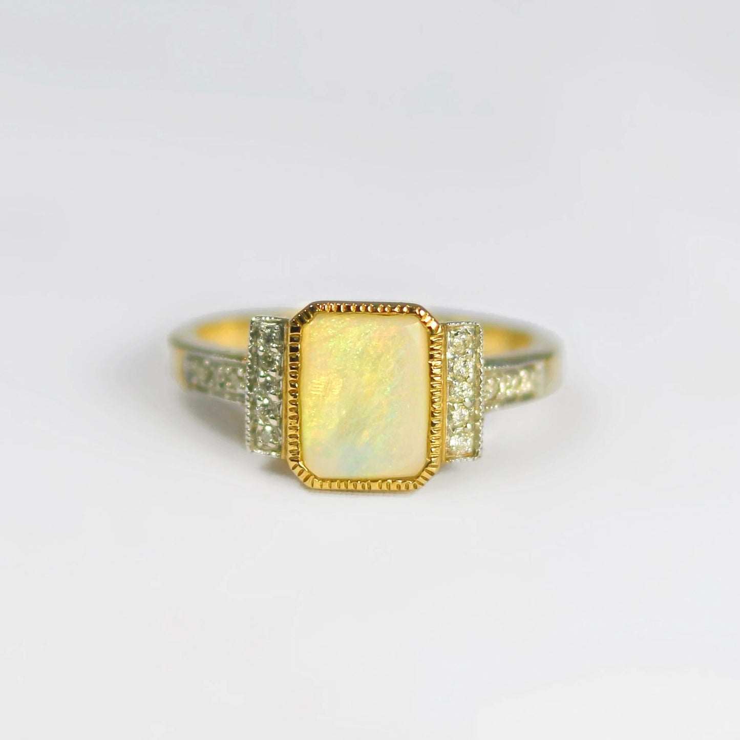 Structured Designer Inspired 9ct Yellow Gold Opal and Diamond Ring – Size K