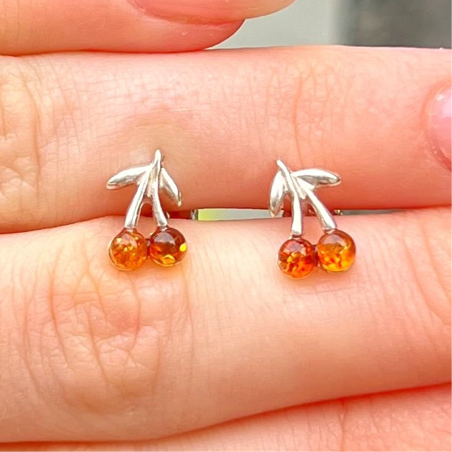 Sterling Silver Orange Amber Cherries Small Stud Earrings