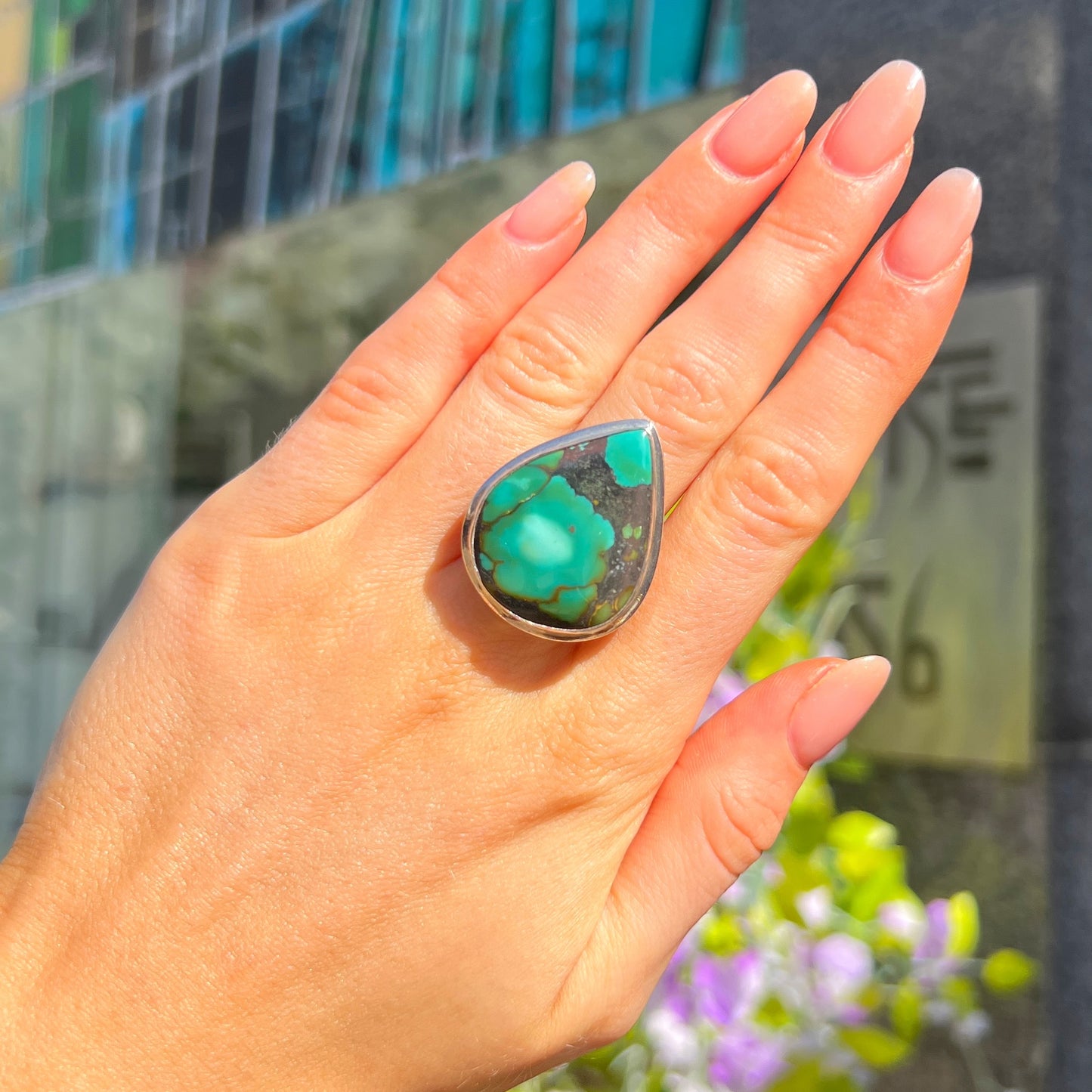 Statement Sterling Silver Pear Cut Green Turquoise Ring - Size O