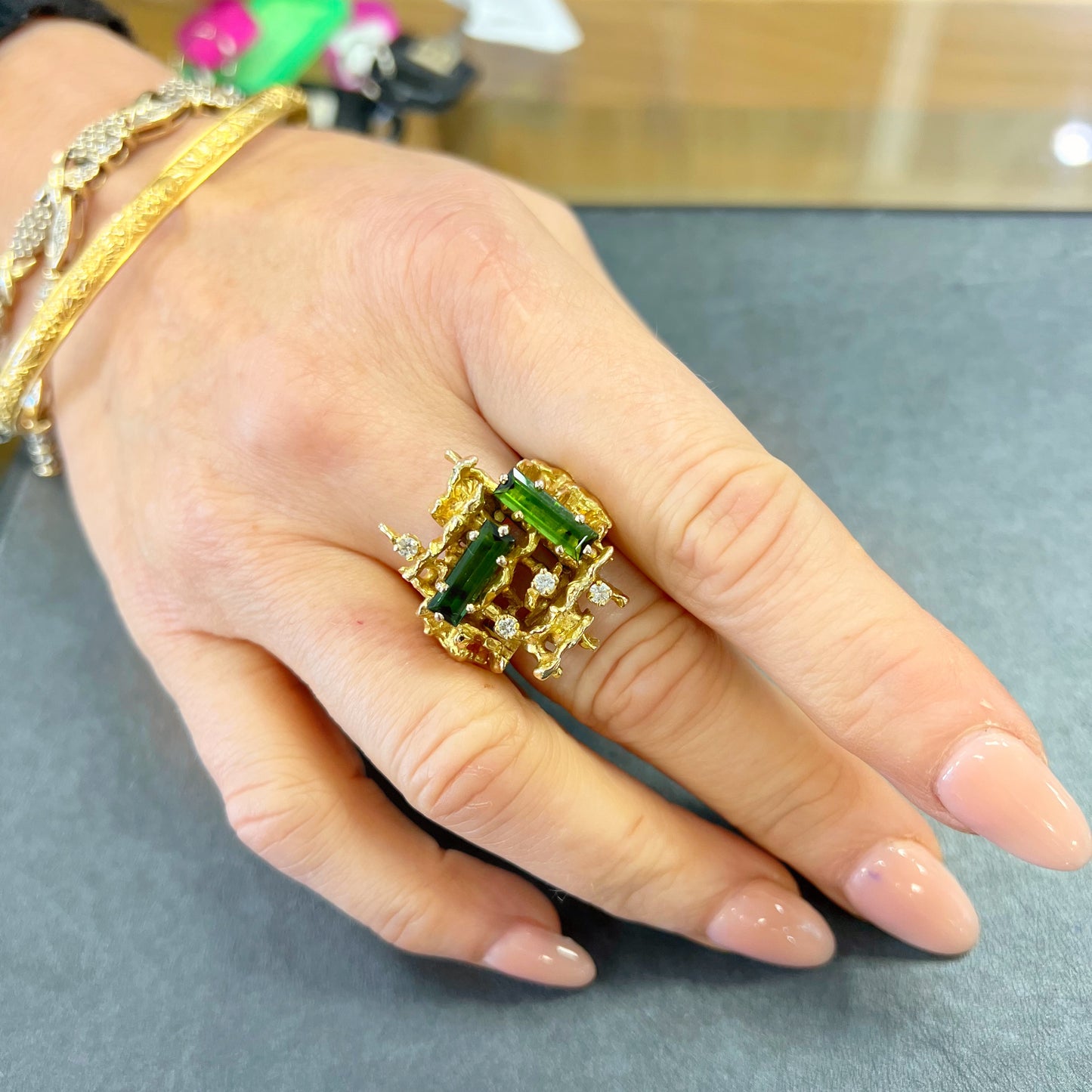 RARE Vintage 1970s Brutalist Style 9ct Yellow Gold Green Tourmaline and Diamond Dress Ring - Size R