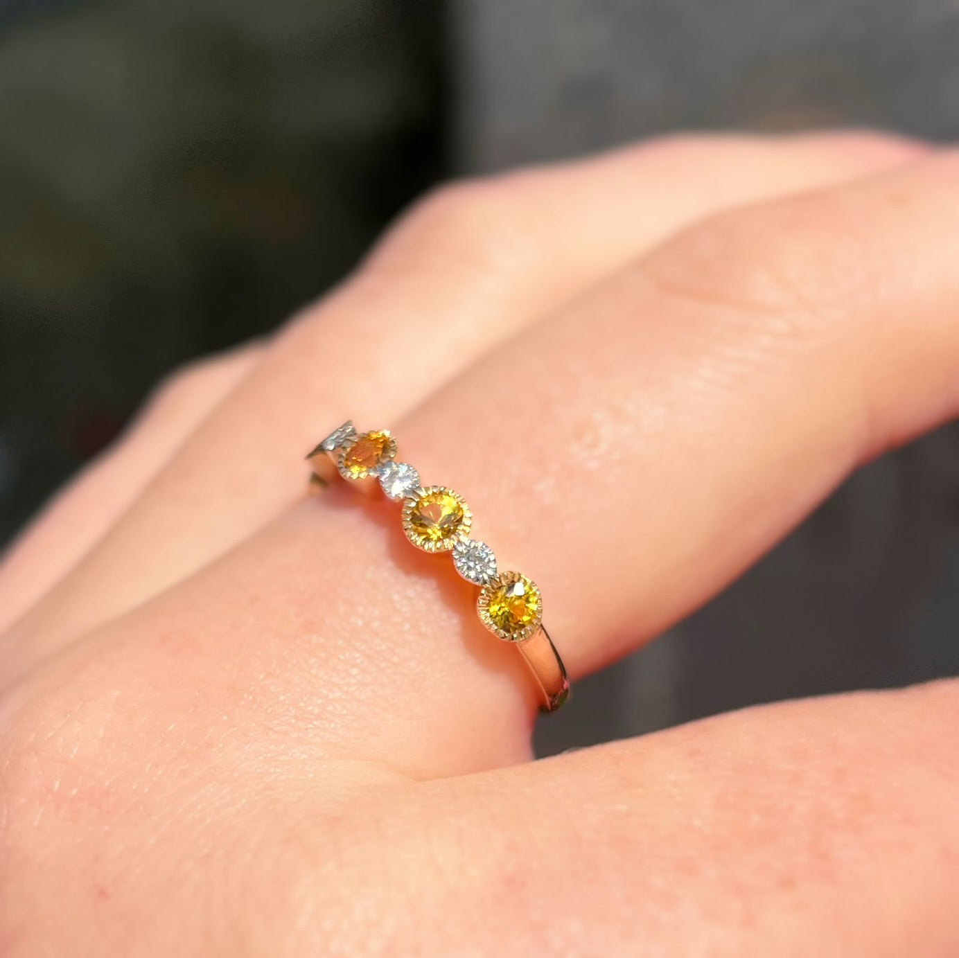 Unique 9ct Yellow Gold Yellow Sapphire and Diamond Half Eternity Ring - Size N