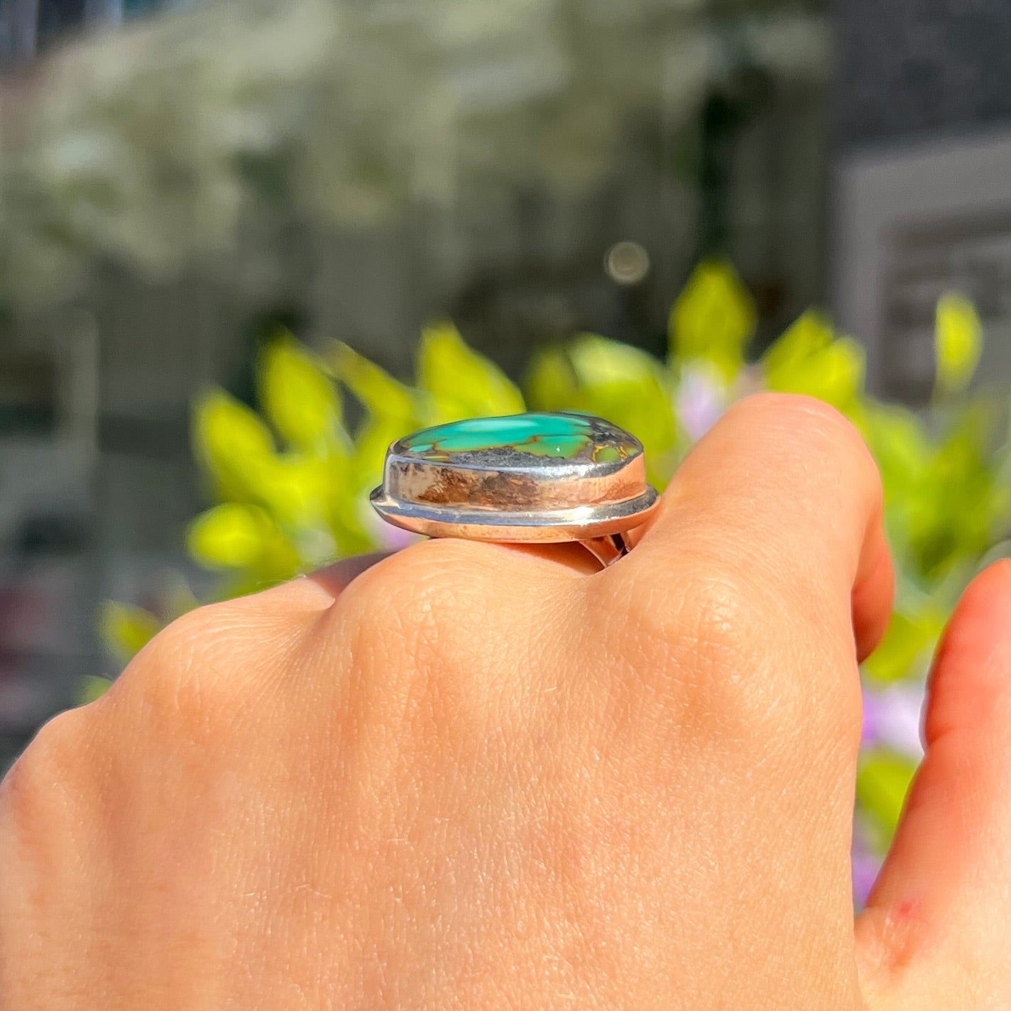 Statement Sterling Silver Pear Cut Green Turquoise Ring - Size O