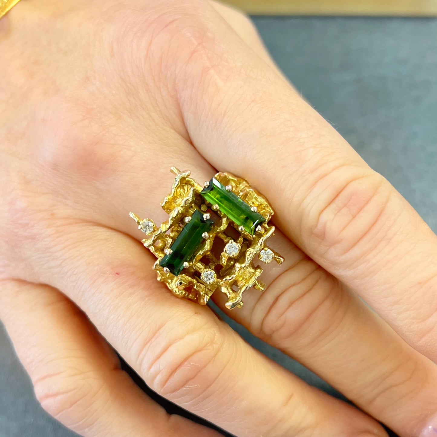 RARE Vintage 1970s Brutalist Style 9ct Yellow Gold Green Tourmaline and Diamond Dress Ring - Size R